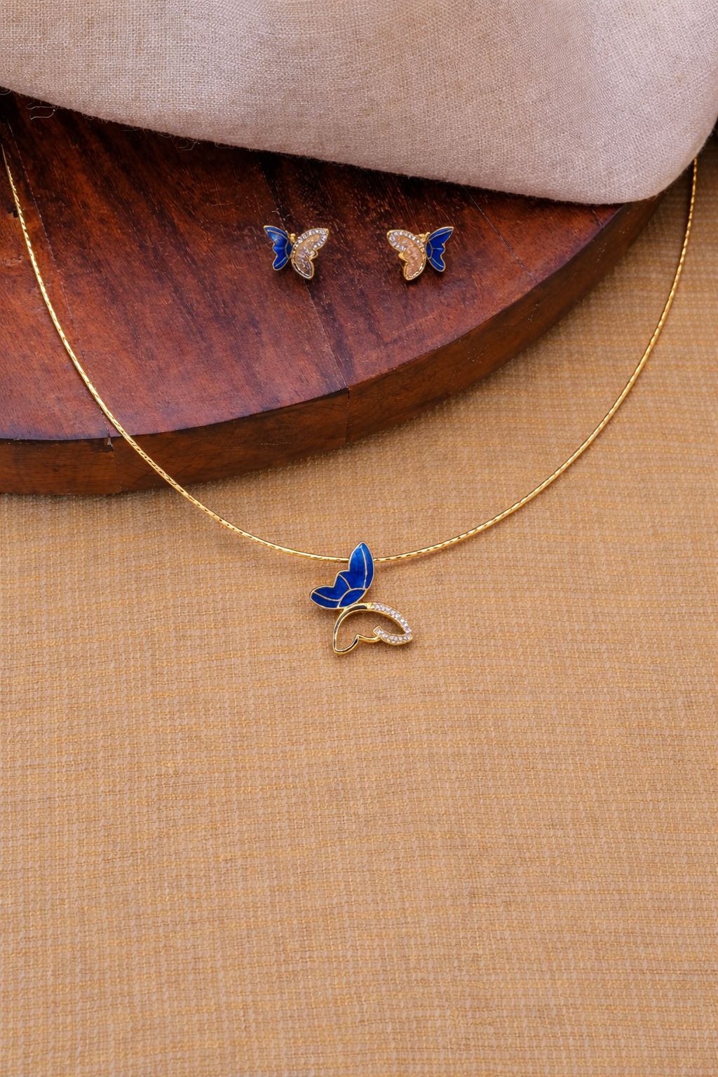 Elegant Blue Butterfly Pendant Necklace Set with Matching Stud Earrings