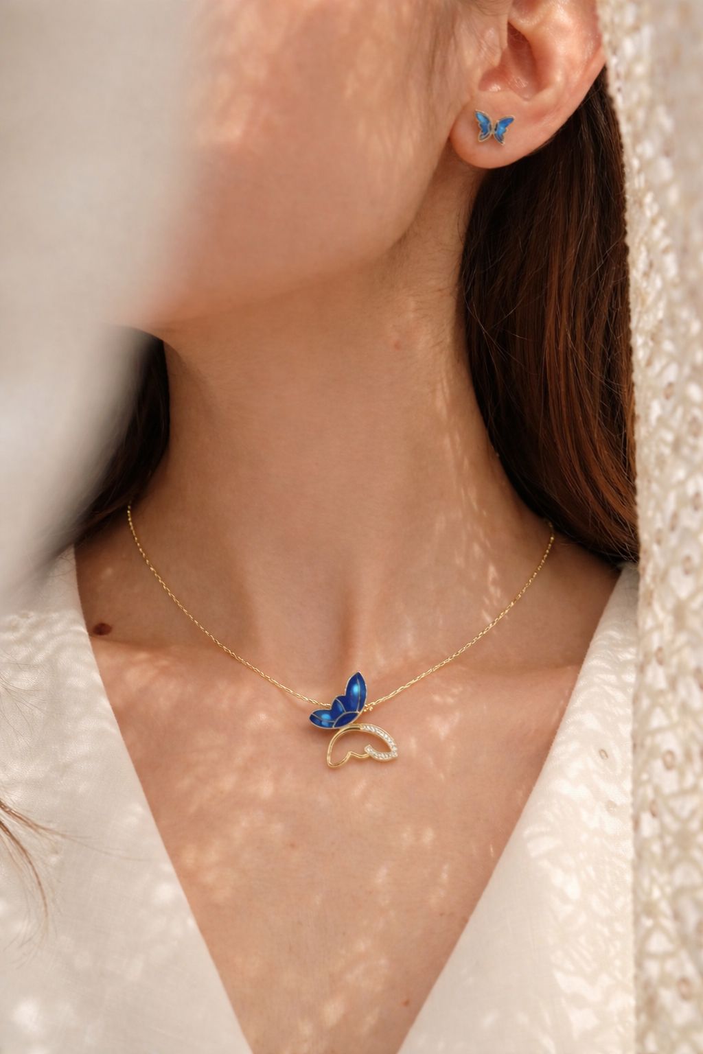 Elegant Blue Butterfly Pendant Necklace Set with Matching Stud Earrings