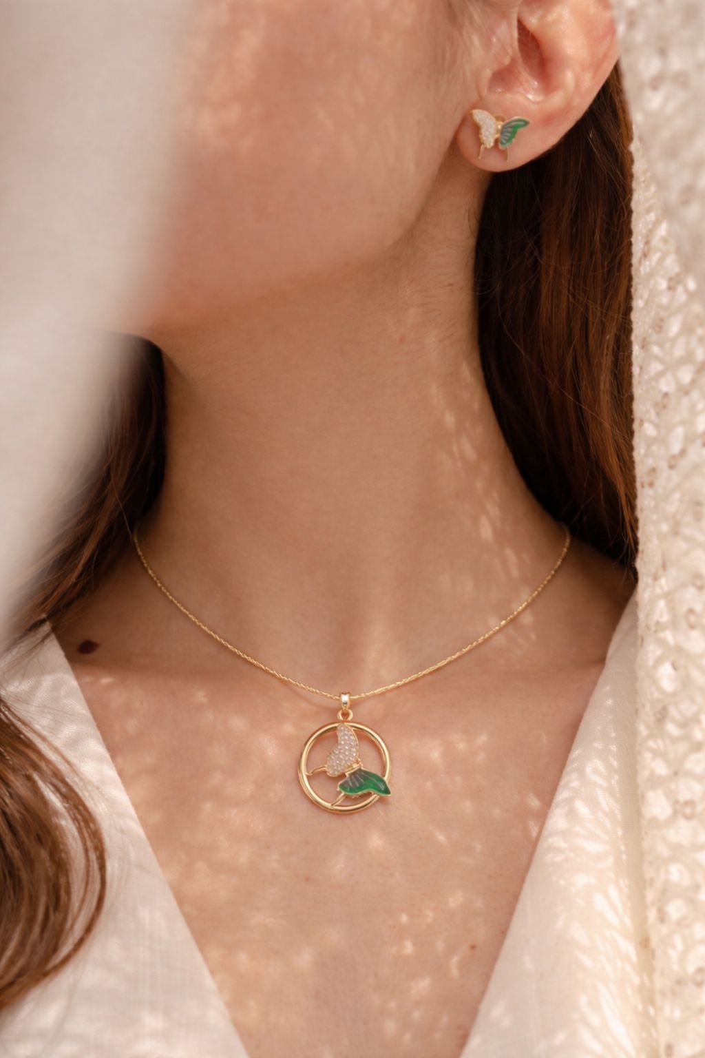 Elegant Dual-Tone Butterfly Pendant Necklace Set with Matching Stud Earrings