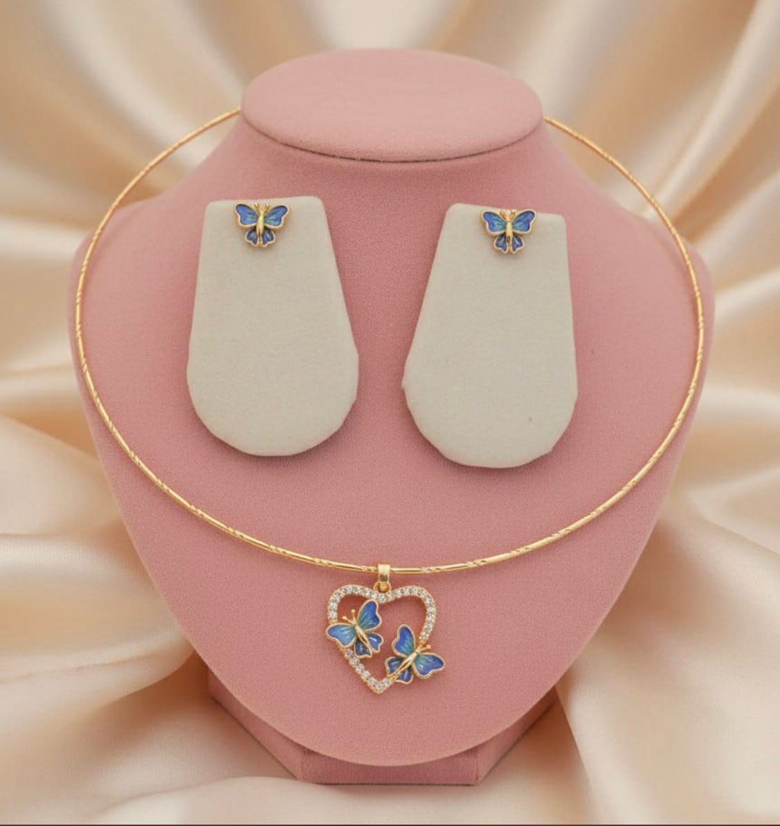 Elegant Butterfly Heart Pendant Necklace Set with Matching Stud Earrings