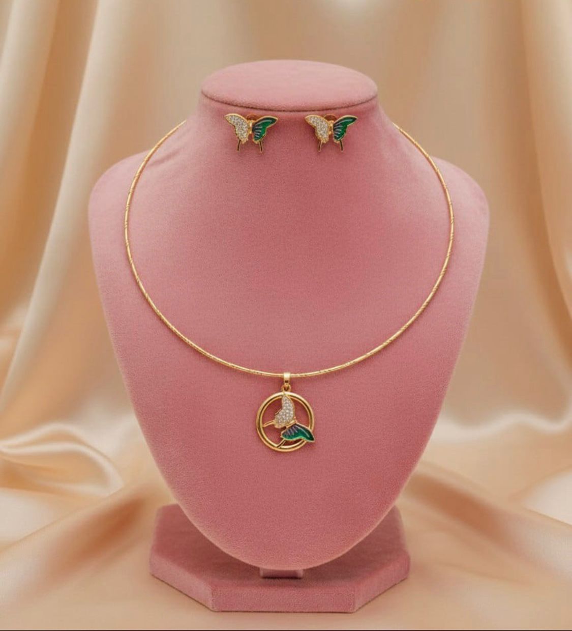 Elegant Dual-Tone Butterfly Pendant Necklace Set with Matching Stud Earrings