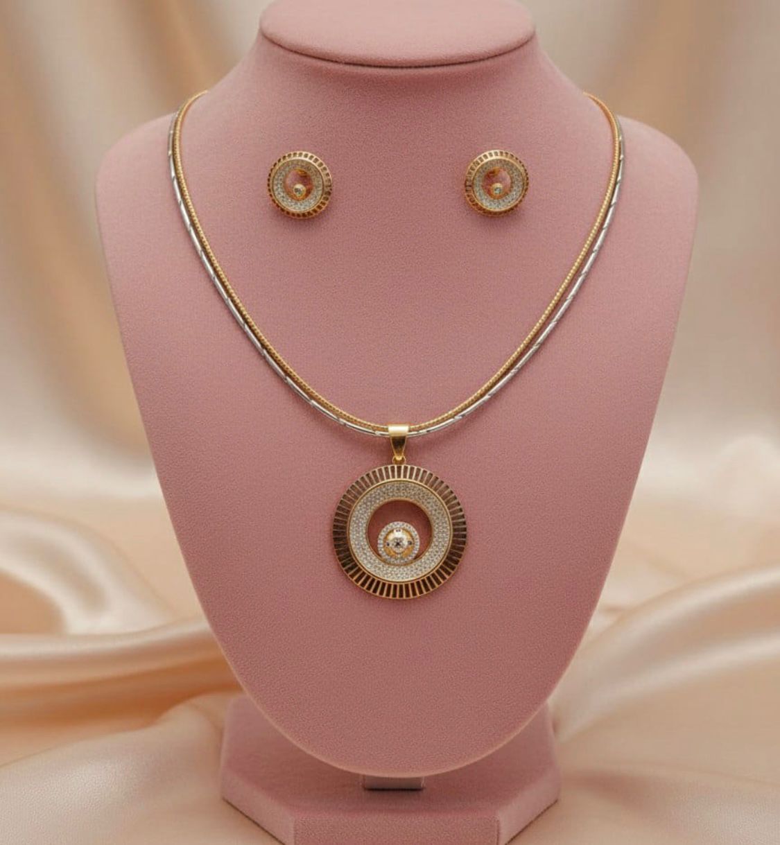 Elegant Circular Halo Pendant Necklace Set with Matching Stud Earrings