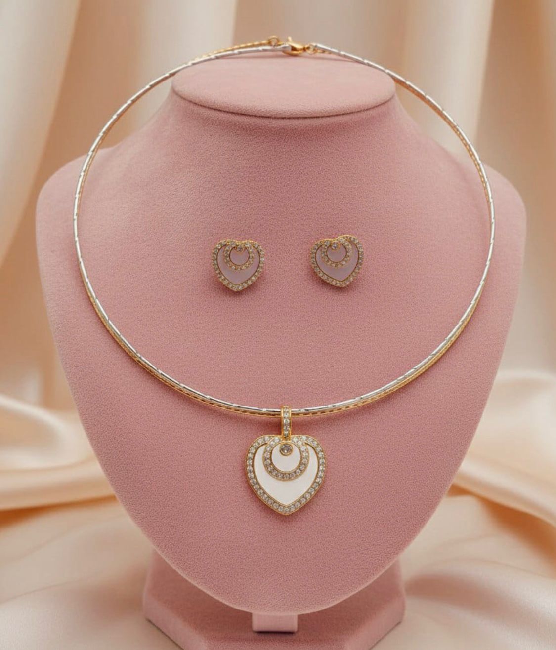 Elegant Double Heart Diamond Pendant Necklace Set with Matching Earrings
