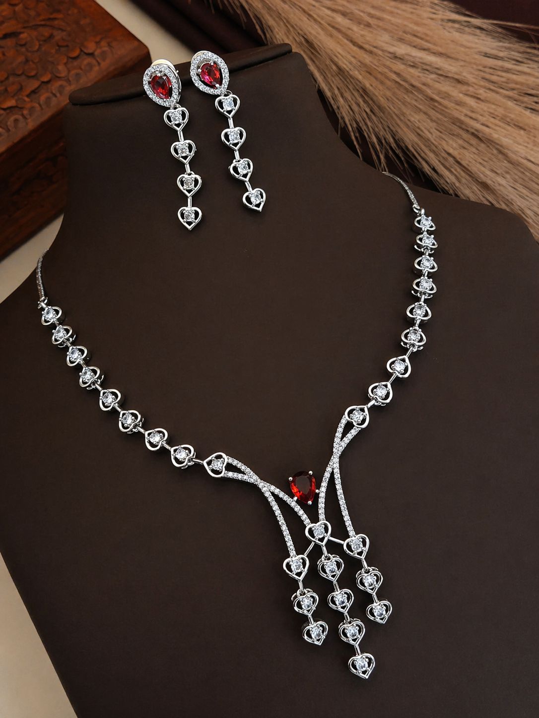 Crimson Heartfall Diamond Necklace Set – Luxury Ruby Elegance by KRISHAURA