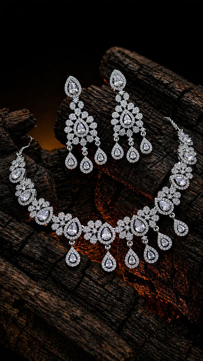 Royal Bloom Diamond Bridal Necklace Set – Floral Teardrop Luxury by KRISHAURA