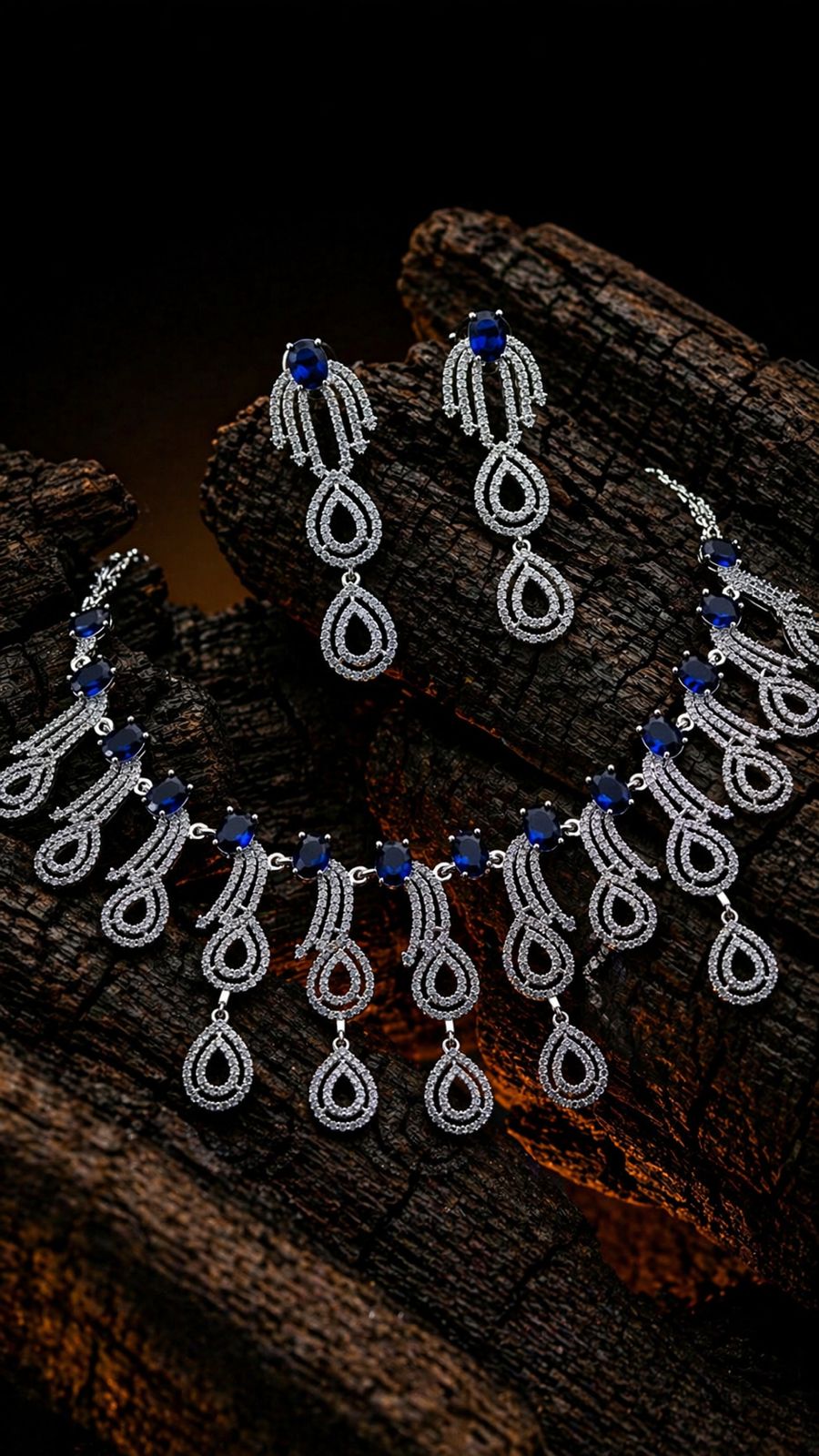 Sapphire Cascade Diamond Necklace Set – Royal Blue Bridal Luxury by KRISHAURA