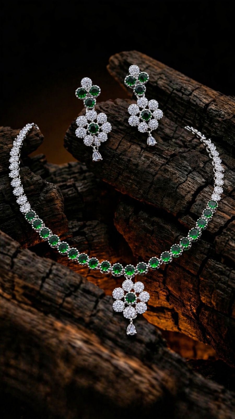 Emerald Bloom Diamond Necklace Set – Floral Elegance by KRISHAURA