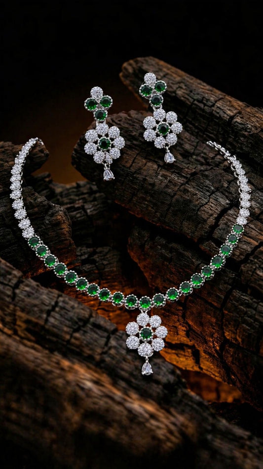 Emerald Bloom Diamond Necklace Set – Floral Elegance by KRISHAURA