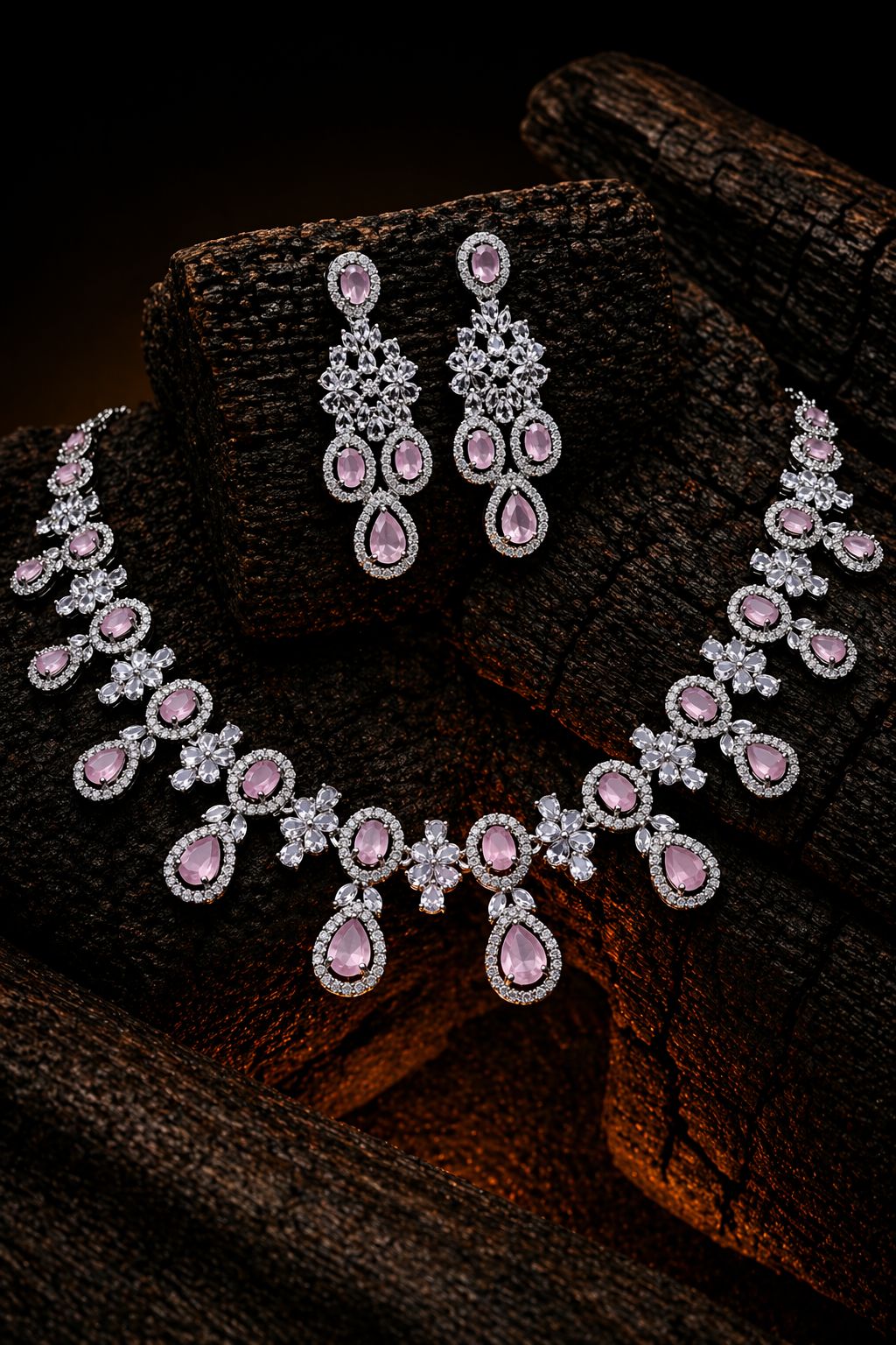 Blush Royale Floral Diamond Necklace Set – Pink Crystal Bridal Elegance by KRISHAURA