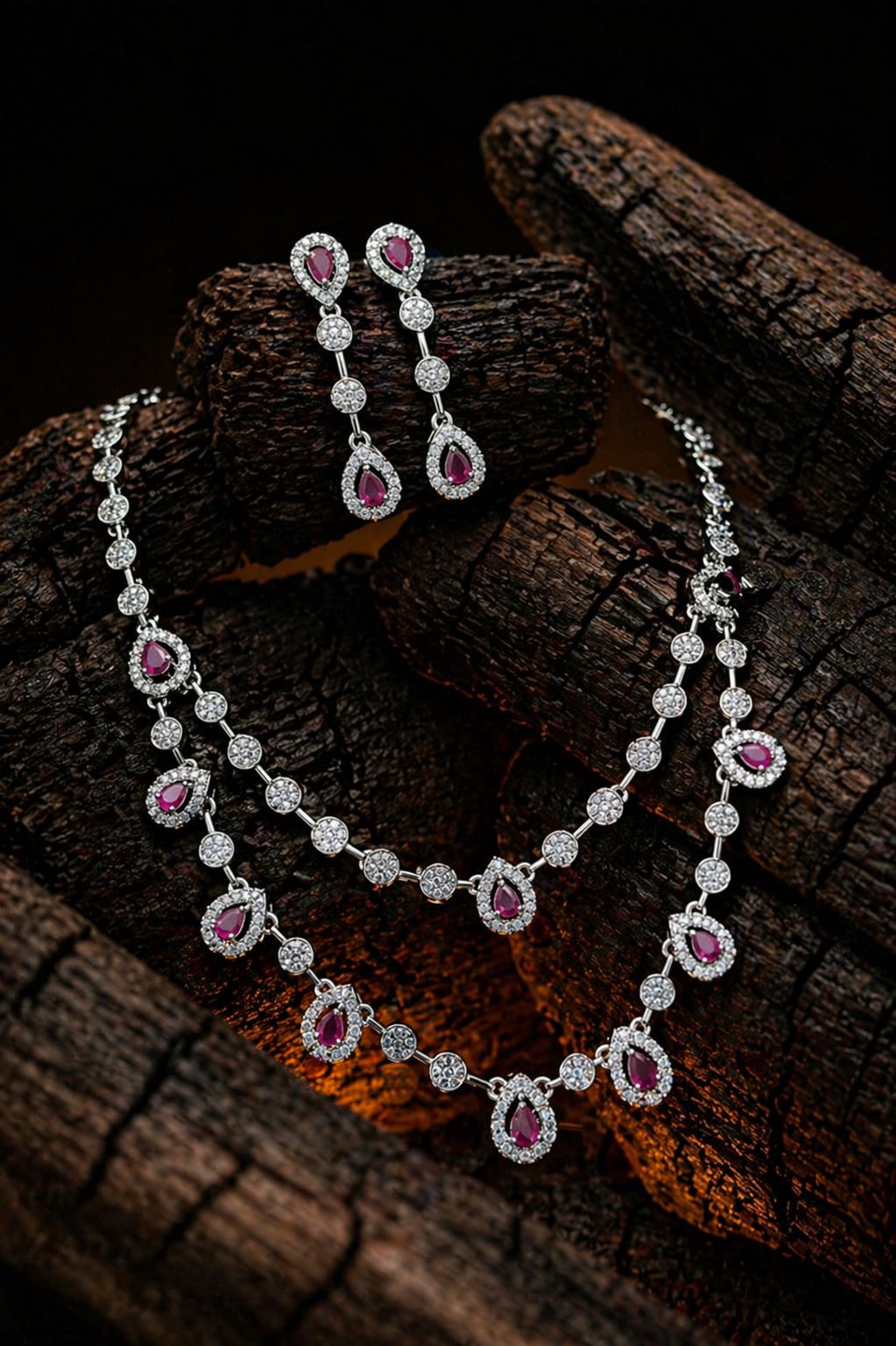 Blush Teardrop Diamond Necklace Set – Elegant Pink Crystal Luxury by KRISHAURA