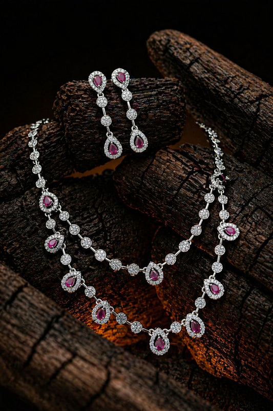 Blush Teardrop Diamond Necklace Set – Elegant Pink Crystal Luxury by KRISHAURA
