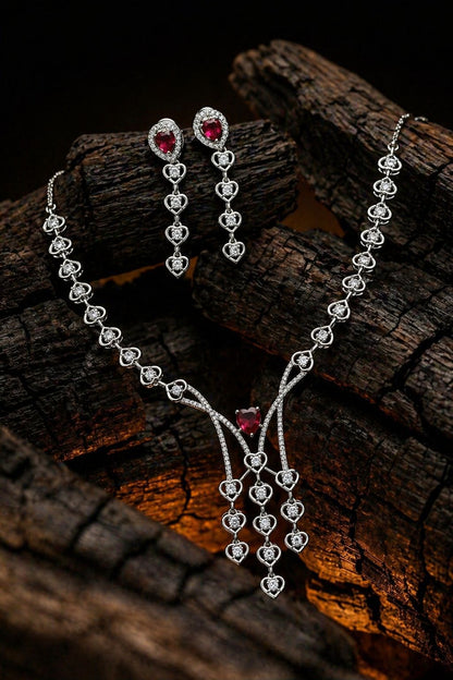 Crimson Heartfall Diamond Necklace Set – Luxury Ruby Elegance by KRISHAURA