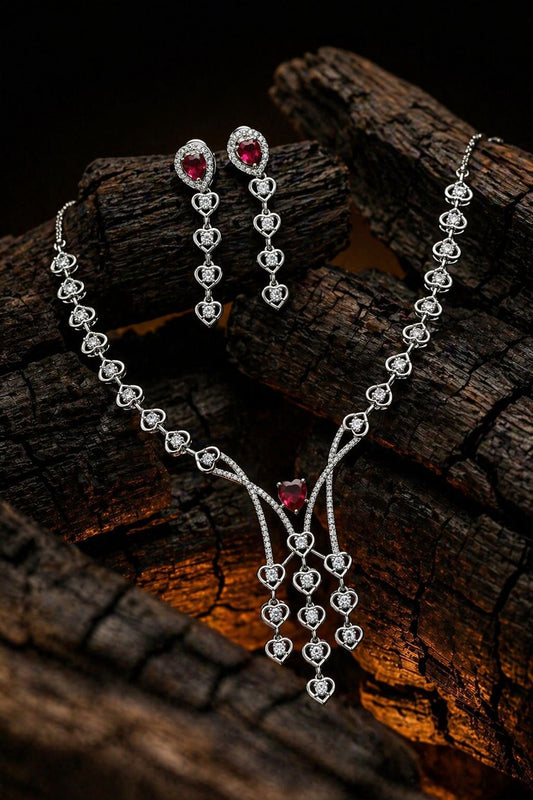 Crimson Heartfall Diamond Necklace Set – Luxury Ruby Elegance by KRISHAURA