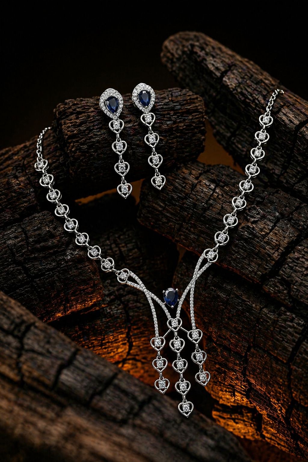 Midnight Heartfall Diamond Necklace Set – Sapphire Elegance by KRISHAURA