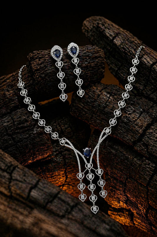 Midnight Heartfall Diamond Necklace Set – Sapphire Elegance by KRISHAURA