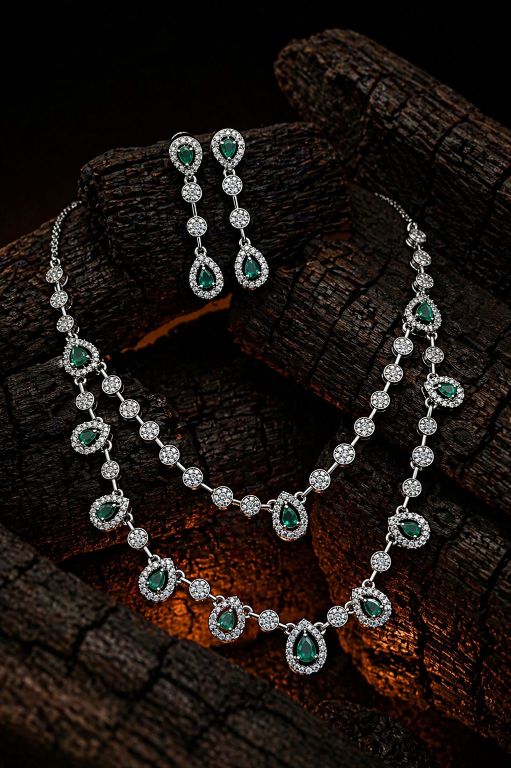 Emerald Royale Teardrop Diamond Necklace Set – Dual Layer Luxury by KRISHAURA
