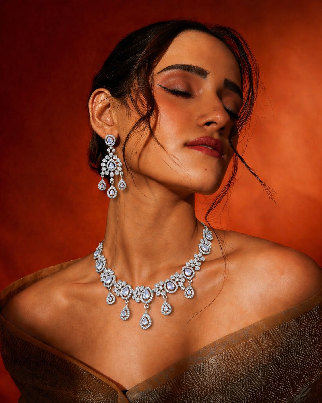 Royal Bloom Diamond Bridal Necklace Set – Floral Teardrop Luxury by KRISHAURA