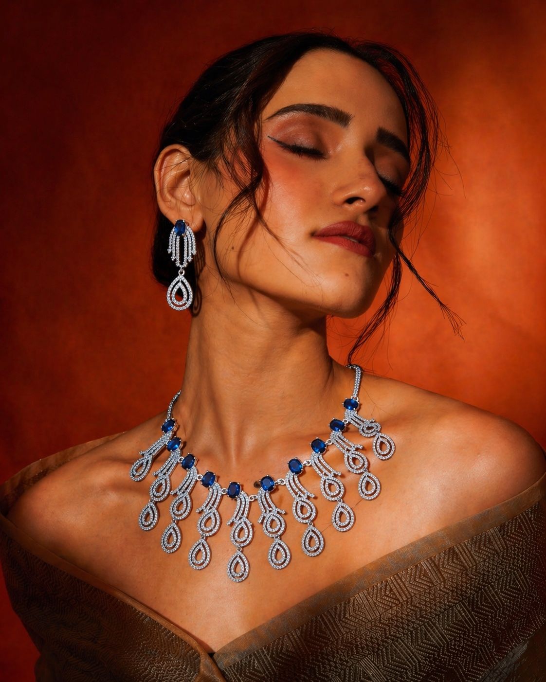 Sapphire Cascade Diamond Necklace Set – Royal Blue Bridal Luxury by KRISHAURA