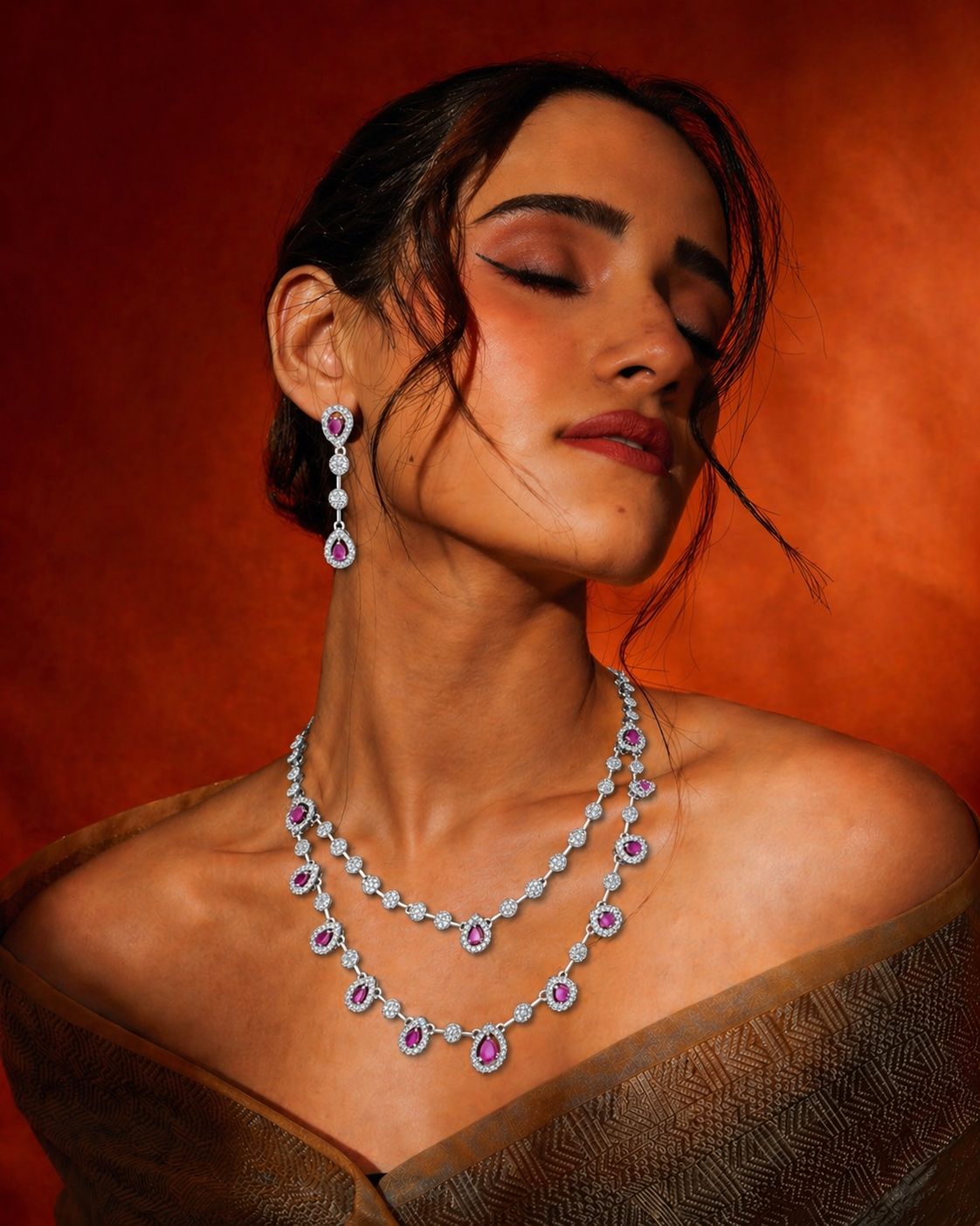 Blush Teardrop Diamond Necklace Set – Elegant Pink Crystal Luxury by KRISHAURA