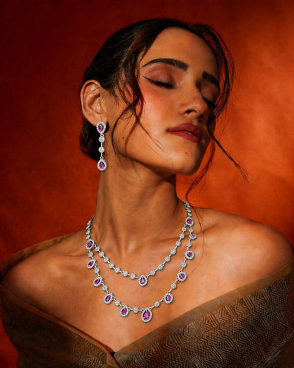 Blush Teardrop Diamond Necklace Set – Elegant Pink Crystal Luxury by KRISHAURA