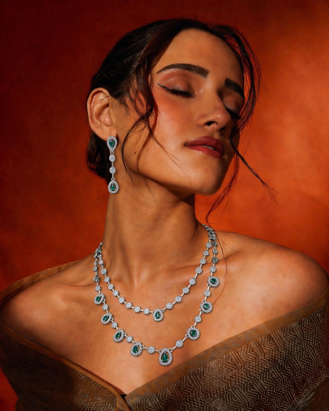 Emerald Royale Teardrop Diamond Necklace Set – Dual Layer Luxury by KRISHAURA