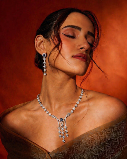Midnight Heartfall Diamond Necklace Set – Sapphire Elegance by KRISHAURA