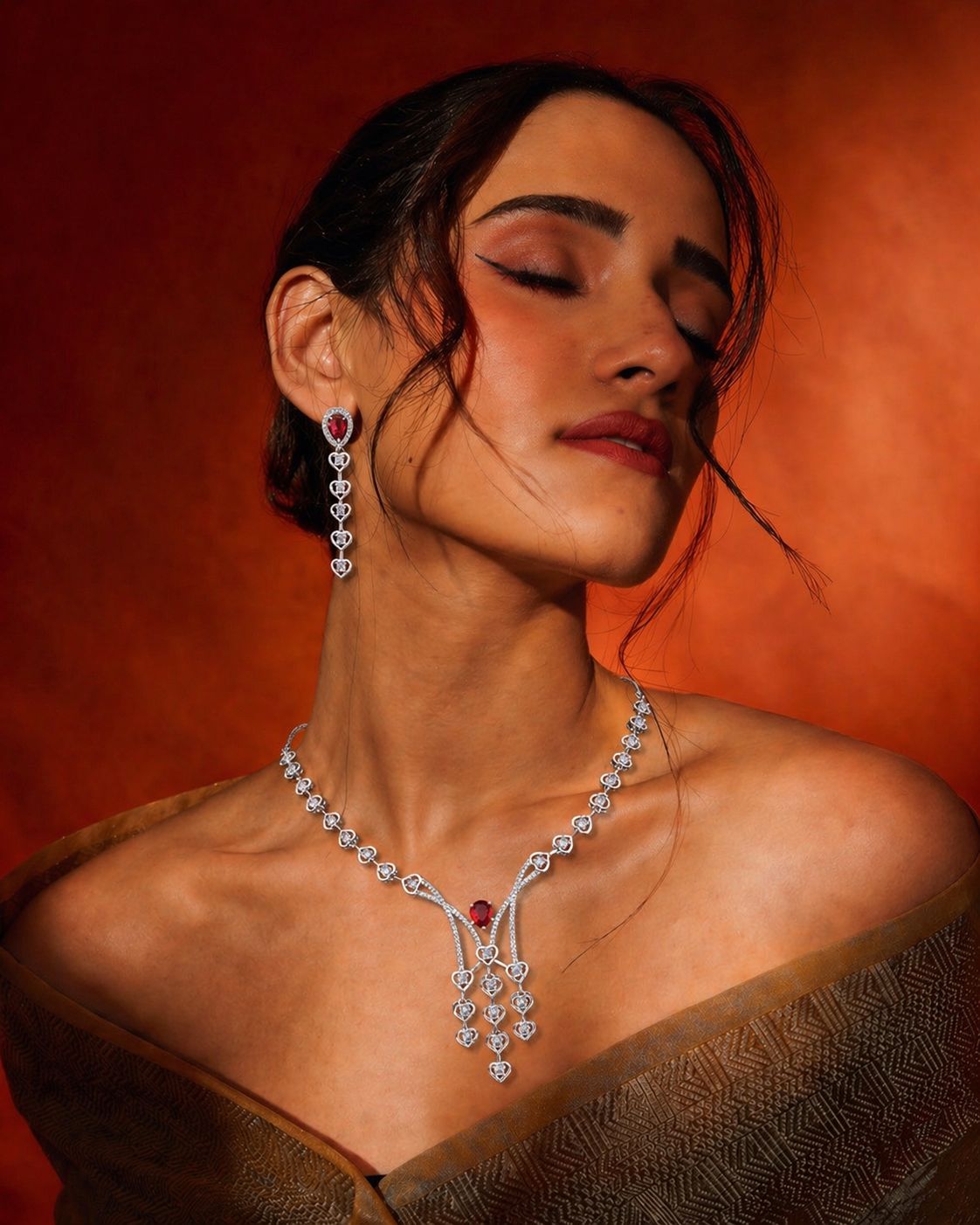 Crimson Heartfall Diamond Necklace Set – Luxury Ruby Elegance by KRISHAURA