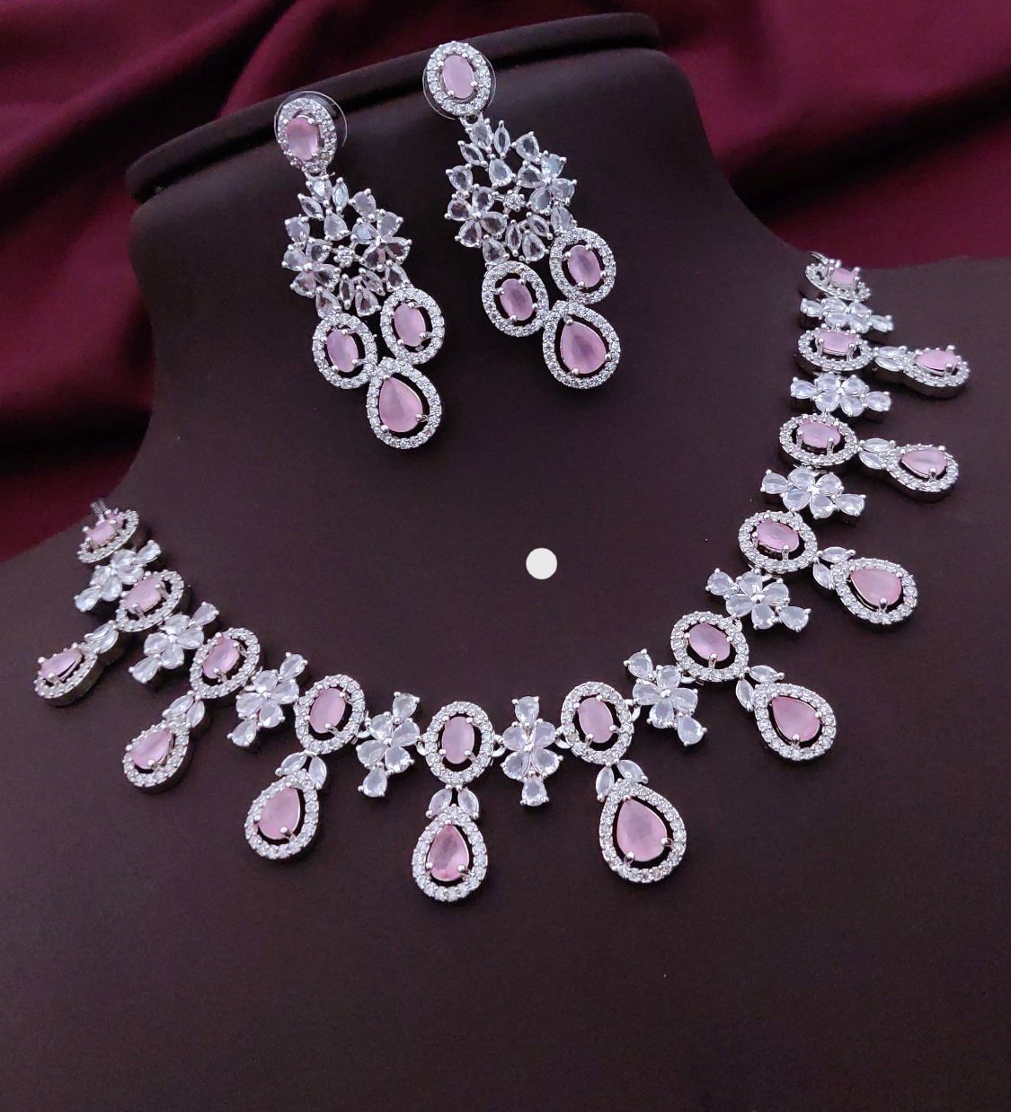 Blush Royale Floral Diamond Necklace Set – Pink Crystal Bridal Elegance by KRISHAURA