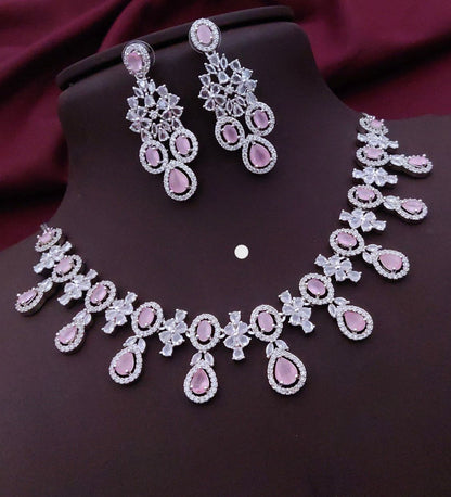 Blush Royale Floral Diamond Necklace Set – Pink Crystal Bridal Elegance by KRISHAURA