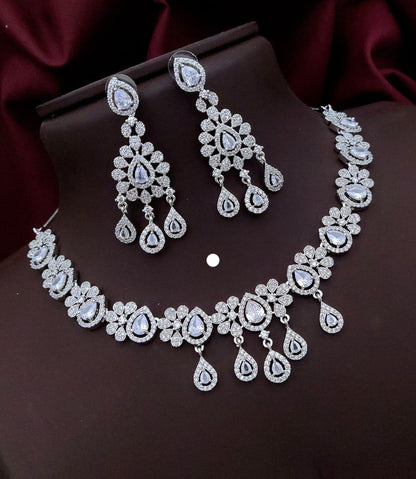 Royal Bloom Diamond Bridal Necklace Set – Floral Teardrop Luxury by KRISHAURA