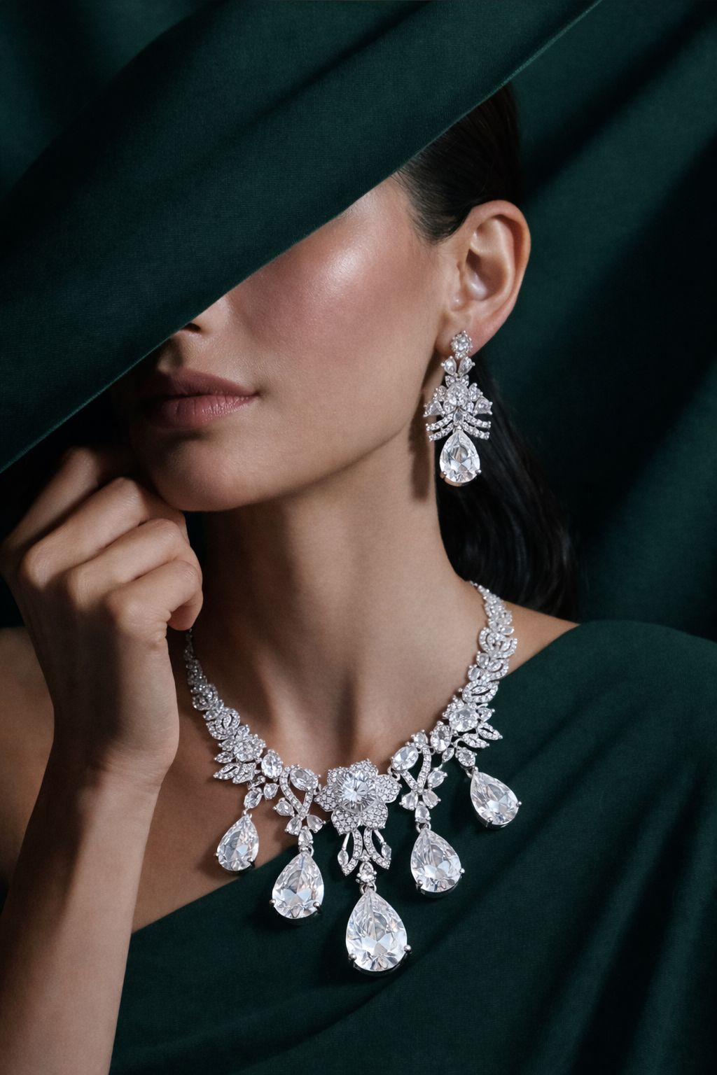 Luxury Crystal Teardrop Floral Necklace Set with Matching Earrings & Bracelet