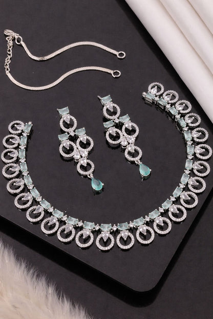 Elegant Emerald Green Crystal Designer Necklace Set with Long Earrings