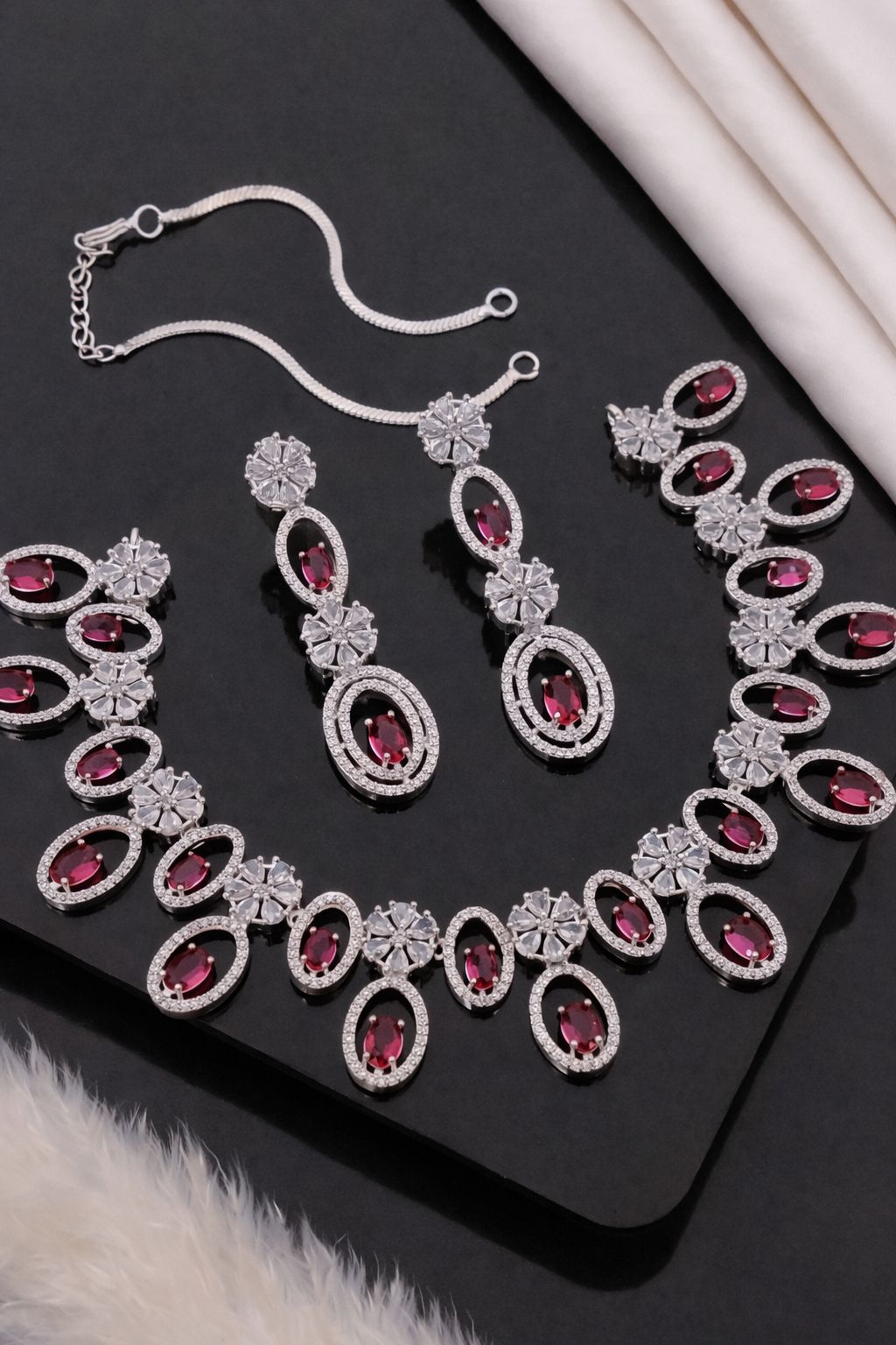 Royal Emerald Green Oval Crystal Floral Necklace Set with Long Earrings
