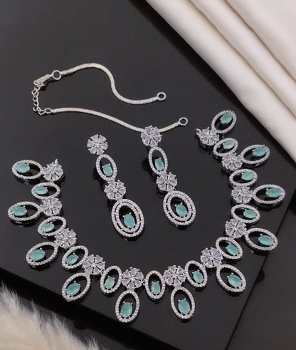 Royal Emerald Green Oval Crystal Floral Necklace Set with Long Earrings