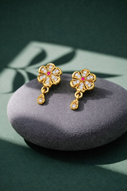 Traditional Gold Floral Drop Earrings with CZ Stones