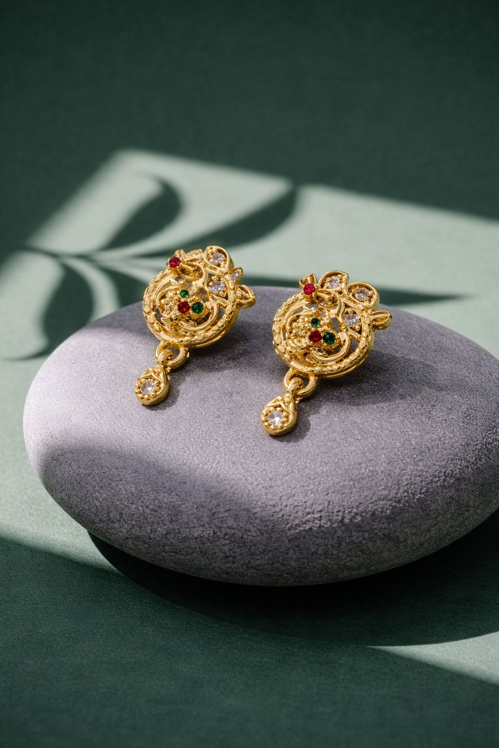 Traditional Peacock Floral Gold Drop Earrings with CZ Stones