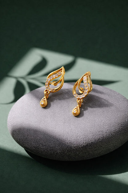 Elegant Gold Leaf Drop Earrings with Sparkling CZ Stones