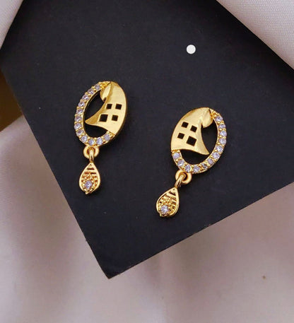 Stylish Gold Oval Drop Earrings with CZ Stones