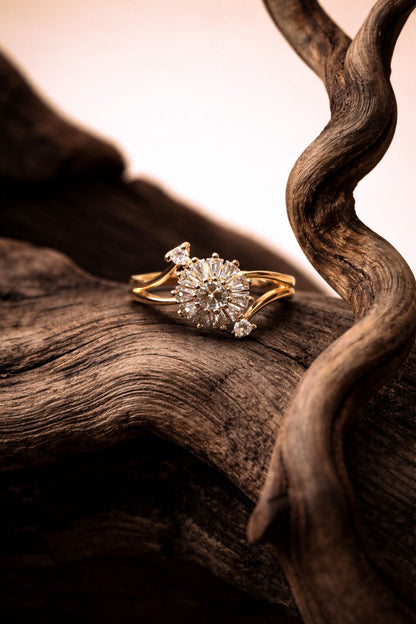 Floral Burst Gold Diamond Ring with Cluster Center & Split Band Design