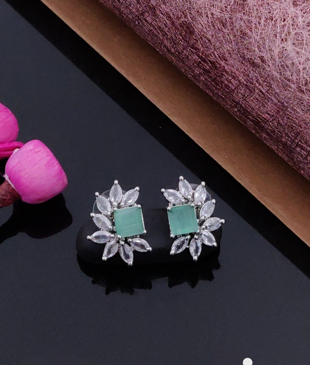Classic Crystal Floral Stud Earrings – Silver Finish