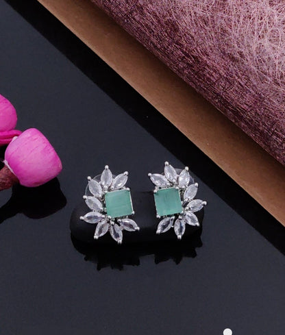 Classic Crystal Floral Stud Earrings – Silver Finish