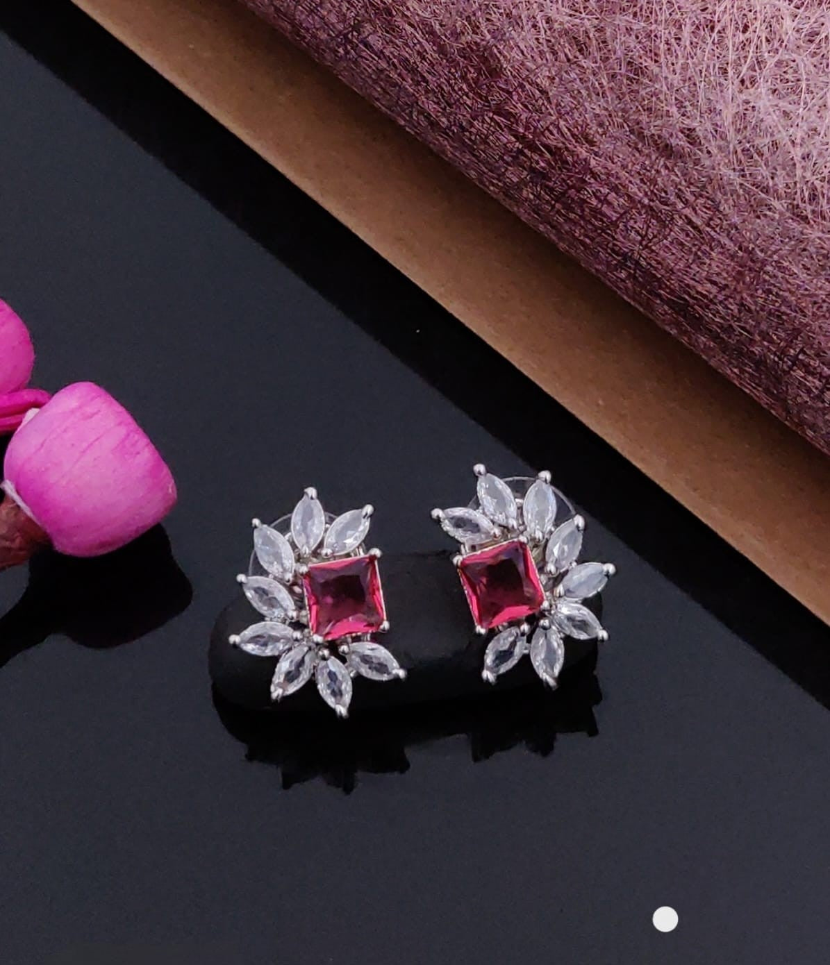 Classic Crystal Floral Stud Earrings – Silver Finish