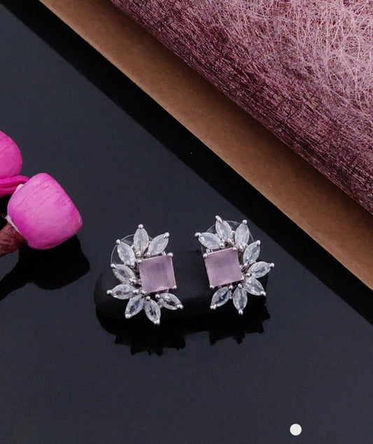 Classic Crystal Floral Stud Earrings – Silver Finish
