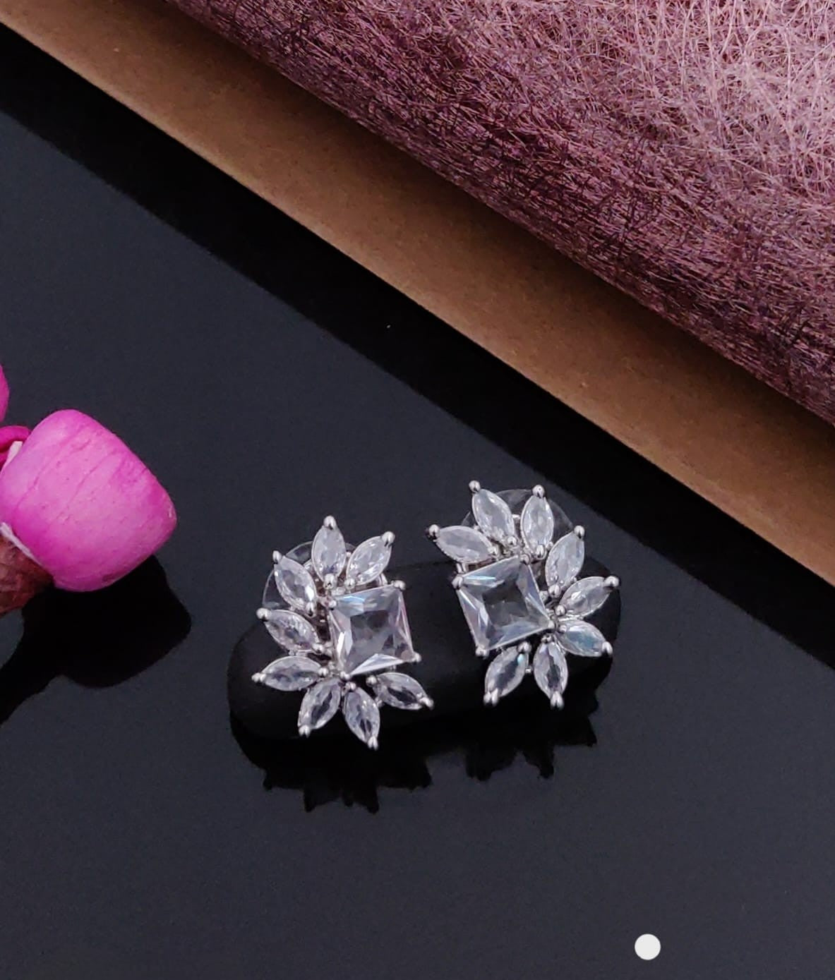 Classic Crystal Floral Stud Earrings – Silver Finish