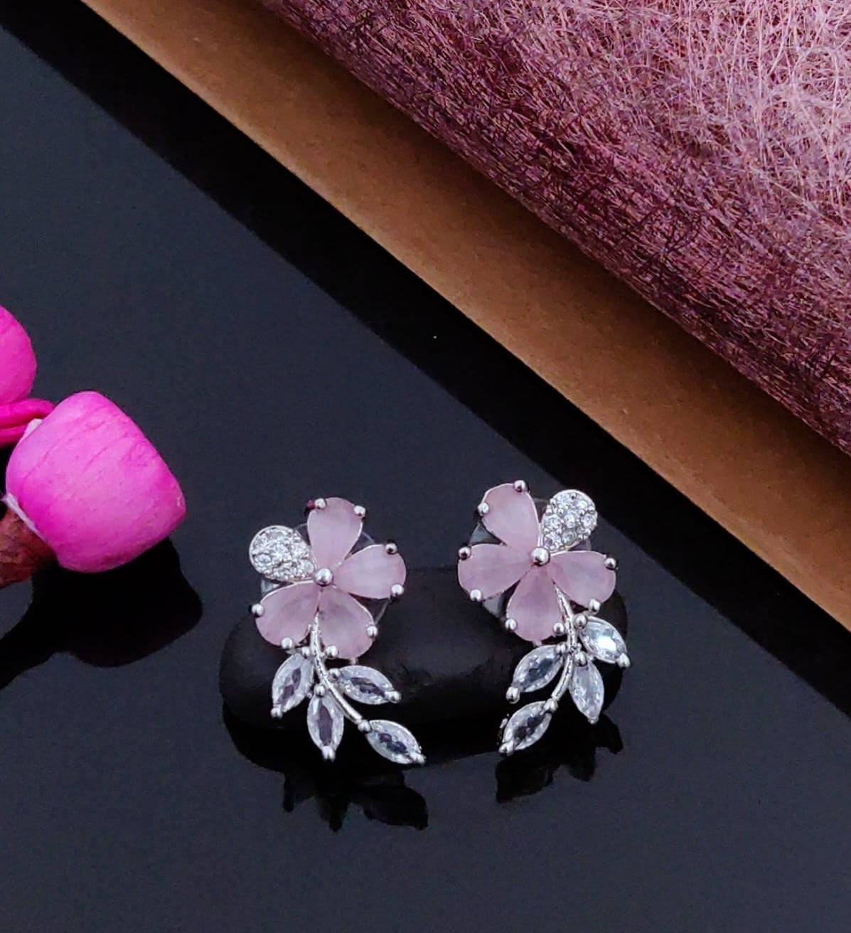 Elegant Floral Crystal Drop Earrings – Silver Finish