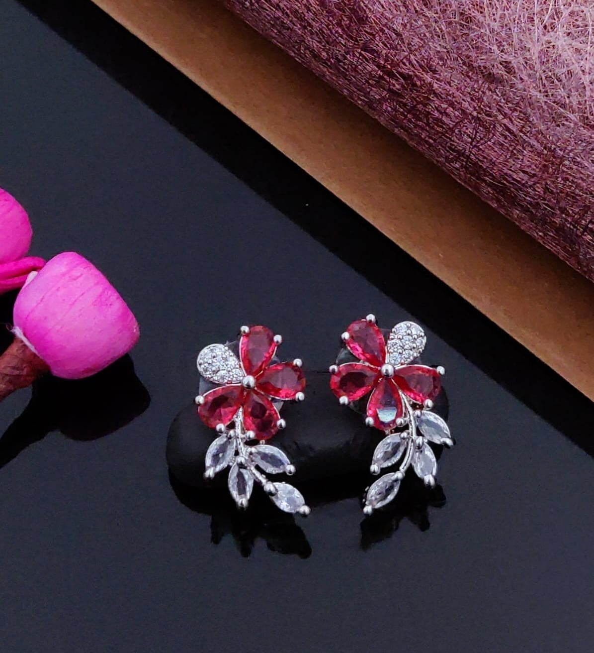 Elegant Floral Crystal Drop Earrings – Silver Finish