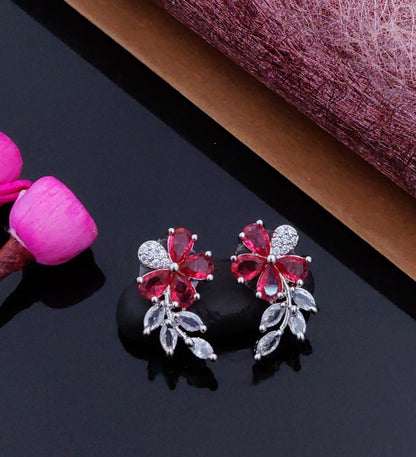 Elegant Floral Crystal Drop Earrings – Silver Finish