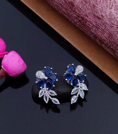 Elegant Floral Crystal Drop Earrings – Silver Finish