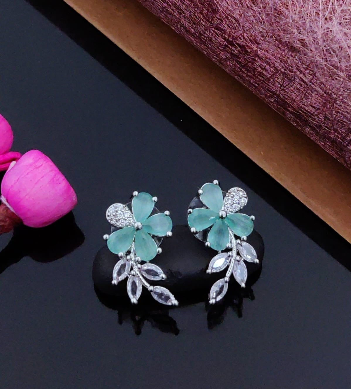 Elegant Floral Crystal Drop Earrings – Silver Finish