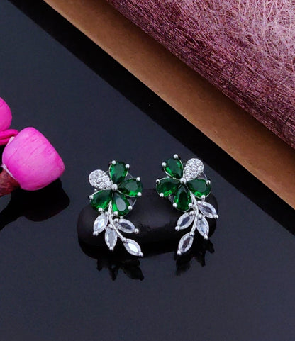Elegant Floral Crystal Drop Earrings – Silver Finish